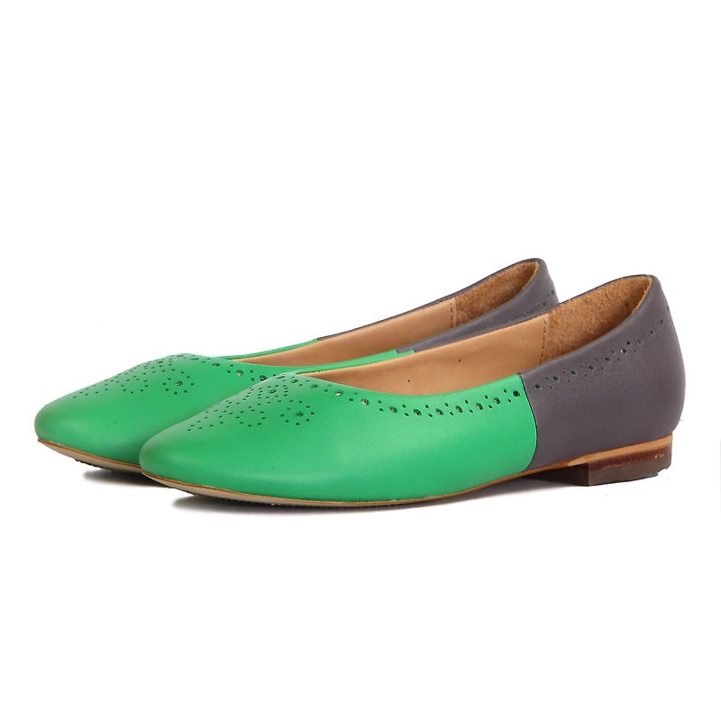 Two-tone Leather Ballet flats Brogue W1042A Gold Sand - Mary Jane Shoes & Ballet Shoes - Genuine Leather Green