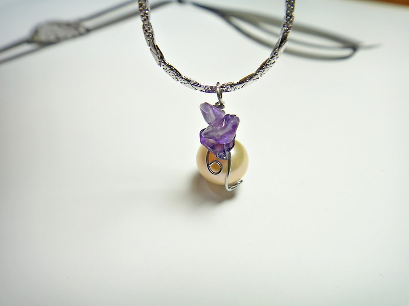 * Irregular amethyst necklace ◎ Winding pearl necklace white K - Necklaces - Other Metals 
