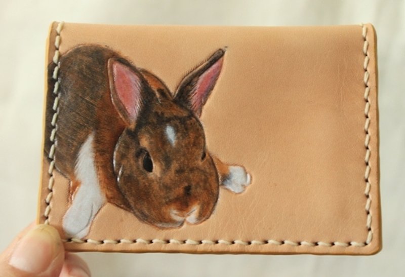Exclusive custom pet rabbit original leather color pure leather business card holder (customized lover, birthday gift) - ที่เก็บนามบัตร - หนังแท้ สีส้ม