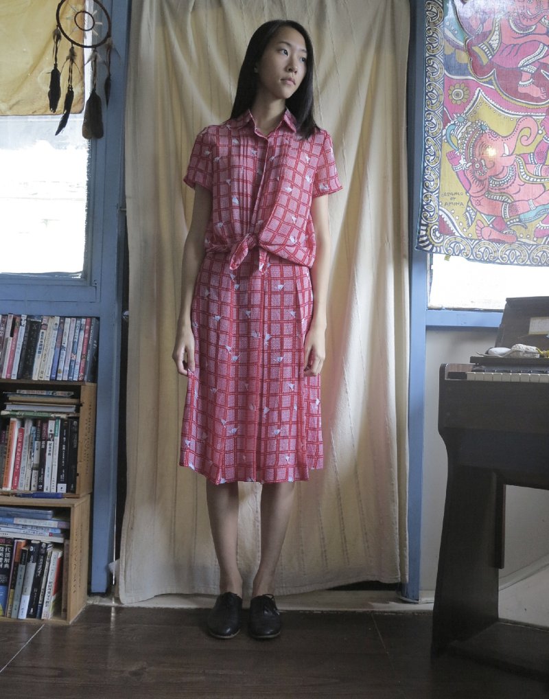 FOAK古著 復古紅花格紋兩件式洋裝 - One Piece Dresses - Other Materials Red