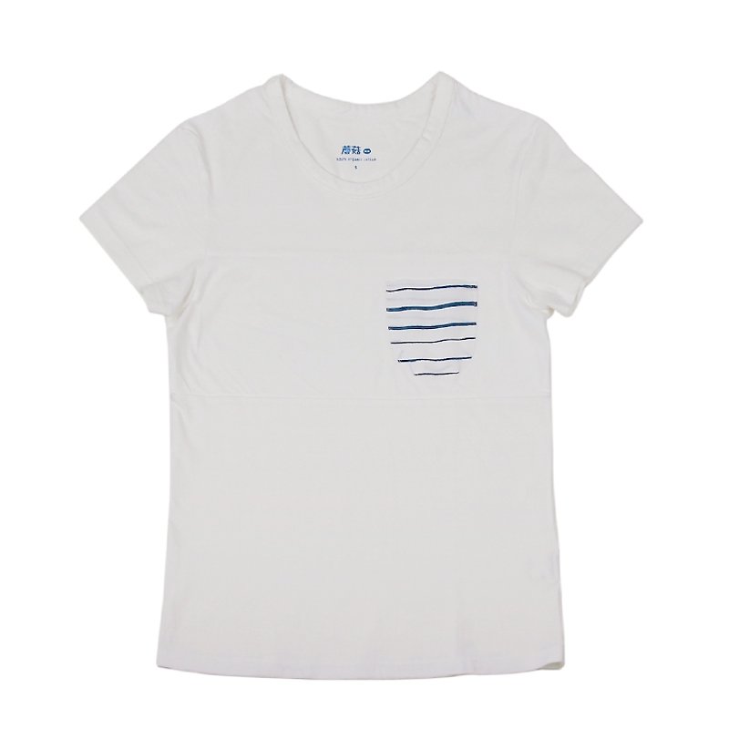 蘑菇mogu / T恤 / 藍條紋口袋T / 空白 - เสื้อยืดผู้หญิง - ผ้าฝ้าย/ผ้าลินิน ขาว