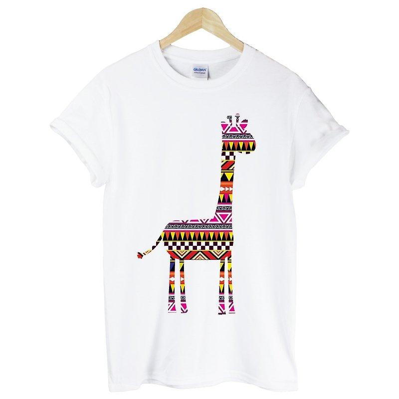 Aztec Giraffe短袖T恤-白色 民族風 長頸鹿 動物 設計 可愛 - T 恤 - 棉．麻 白色