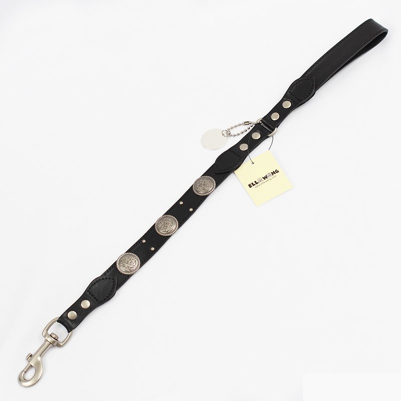 Ella Wang Design Metal Carved Round Brand Leather 60cm Short Leash-Black Pet Collar - ปลอกคอ - หนังแท้ สีดำ