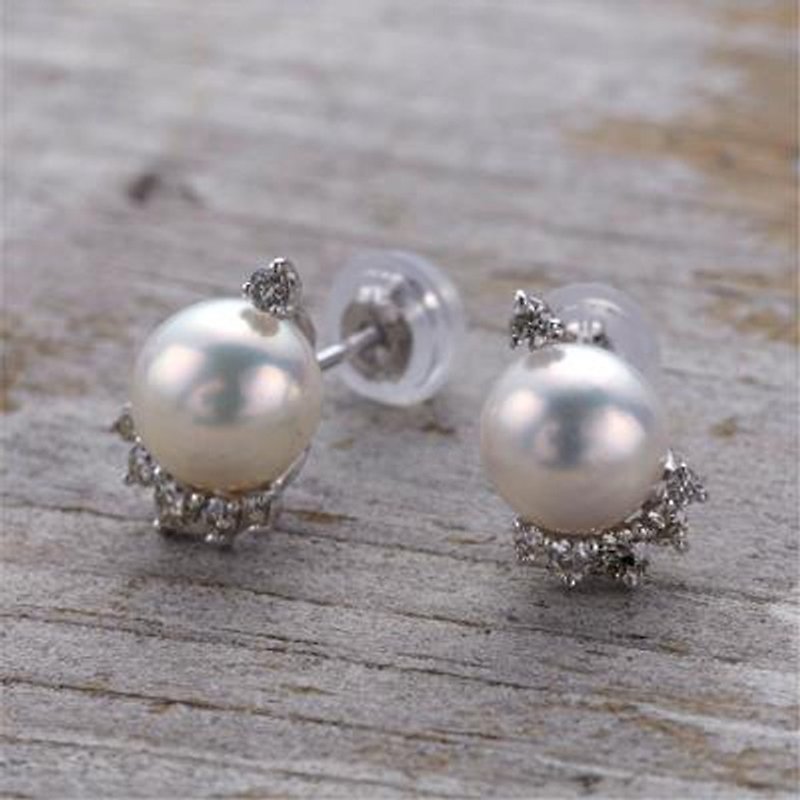 [Pierce] K10WG + Diamond + freshwater pearl of Petit jewelry earrings / FirstPr02 - ต่างหู - โลหะ ขาว