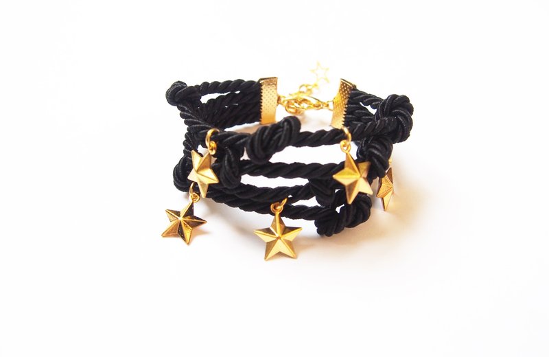 Black handmade bracelet with gold star charm - Bracelets - Other Materials Black