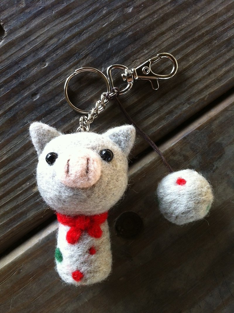 羊毛氈灰色豬頭鑰匙圈 - 鑰匙圈/鎖匙扣 - 羊毛 灰色
