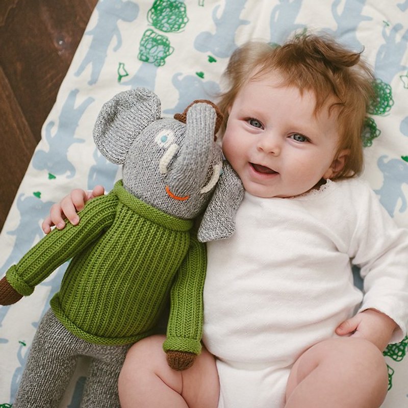 美國 Blabla Kids | 純棉針織娃娃(大隻)開心綠毛衣灰象B21052360 - 嬰幼兒玩具/毛公仔 - 棉．麻 綠色