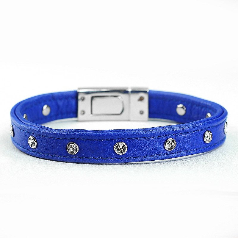 [Leather rope] point diamond leather leather collar ((send lettering)) - ปลอกคอ - หนังแท้ สีน้ำเงิน