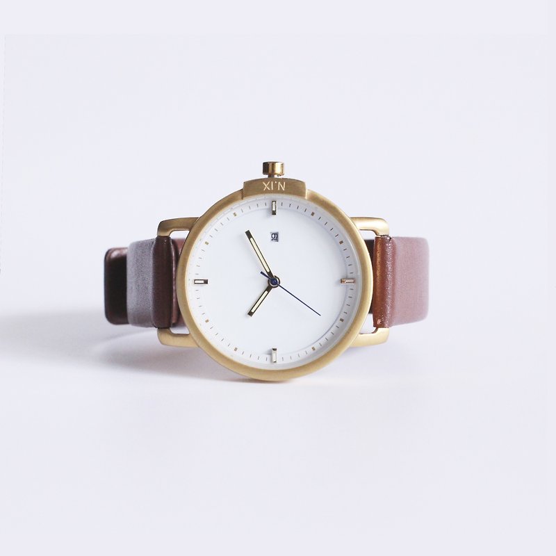 極簡大錶面金殼白底腕錶 - 配咖啡色錶帶 - 女裝錶 - 真皮 咖啡色