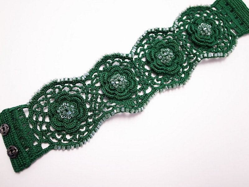 Irish Crochet Lace Jewelry (Irish Love I-6) Fiber Bracelet Beaded Bracelet - Bracelets - Cotton & Hemp Green