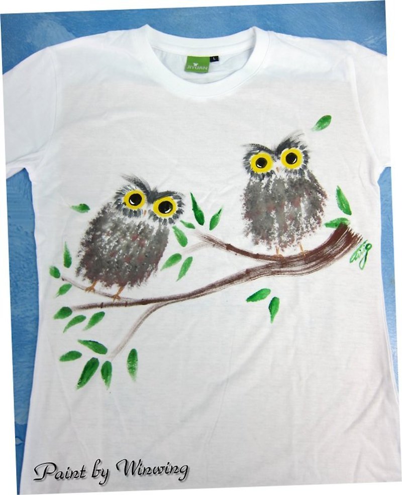 Gemini Nestling Owl-Winwing Hand Painted Clothes - Women's T-Shirts - Other Materials 