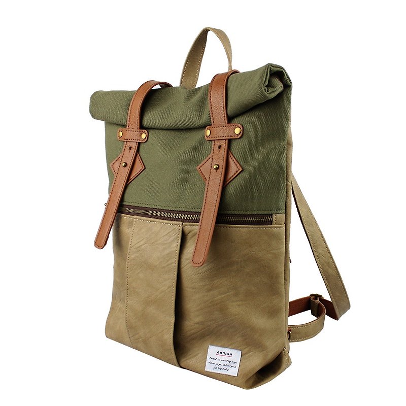 AMINAH-Army Green Backpack after Walking【am-0289】 - กระเป๋าเป้สะพายหลัง - หนังเทียม สีเขียว