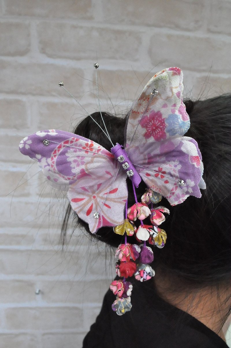 Angel Nina hand-made Japanese-style fringed purple butterfly hairpin cloth for kimono dress - Hair Accessories - Cotton & Hemp Blue