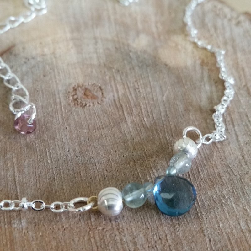 Blue Topaz Monique with a small blue beads, handmade silver beads Aquamarine plus silver-plated necklace - Necklaces - Gemstone Blue