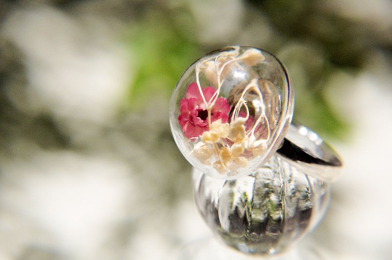 / Forest Girl / English Dry Flower Transparent Glass Ball Ring-Colorful Red Dry Flower - แหวนทั่วไป - โลหะ สีแดง