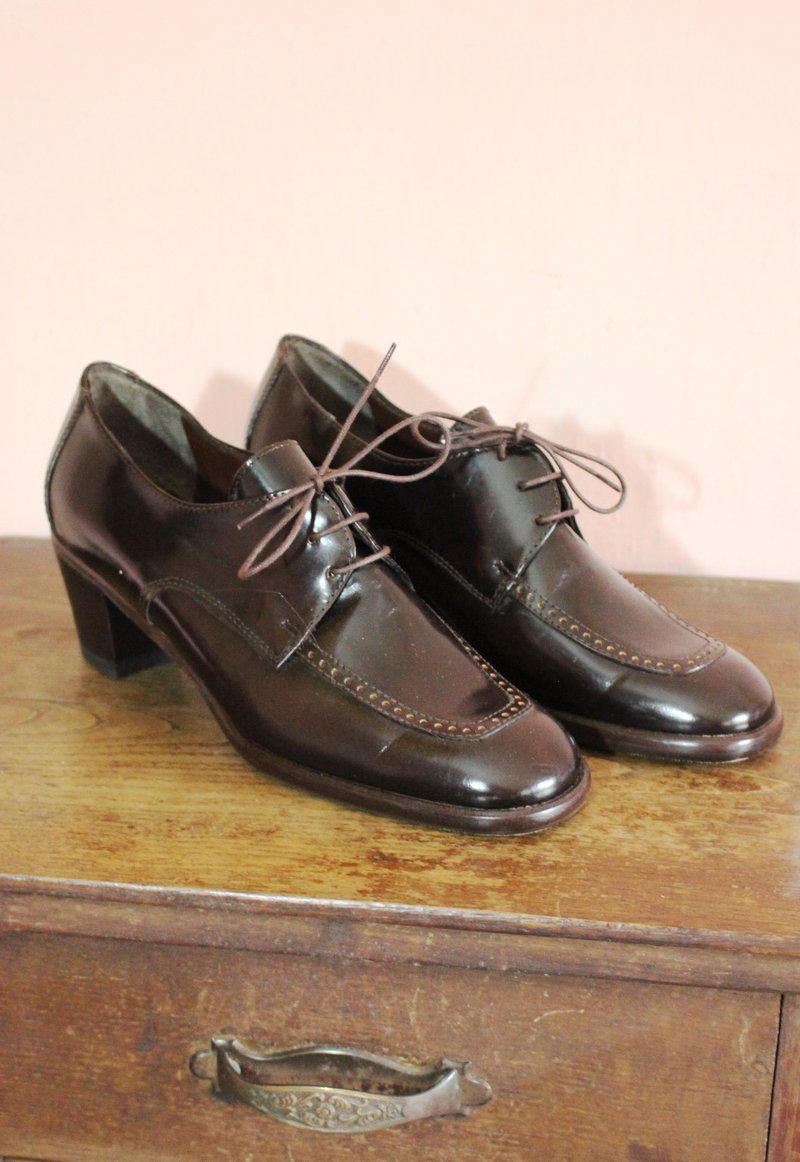 (Vintage) antique brown leather shoes 23.5 ~ 24cm - รองเท้าลำลองผู้หญิง - หนังแท้ สีนำ้ตาล