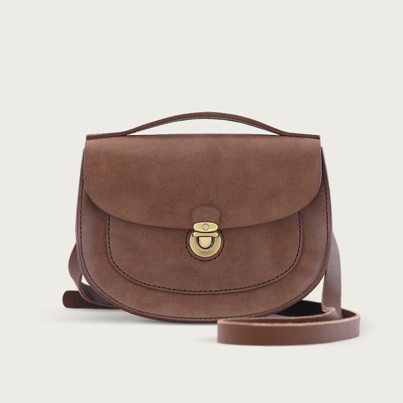 Single Buckle Saddle Bag/Side Bag/Shoulder Bag--Dark Coffee - กระเป๋าแมสเซนเจอร์ - หนังแท้ สีนำ้ตาล