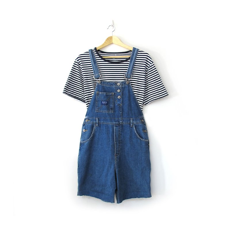 [Eggs] boy plant vintage style vintage denim bib short - Overalls & Jumpsuits - Cotton & Hemp Blue