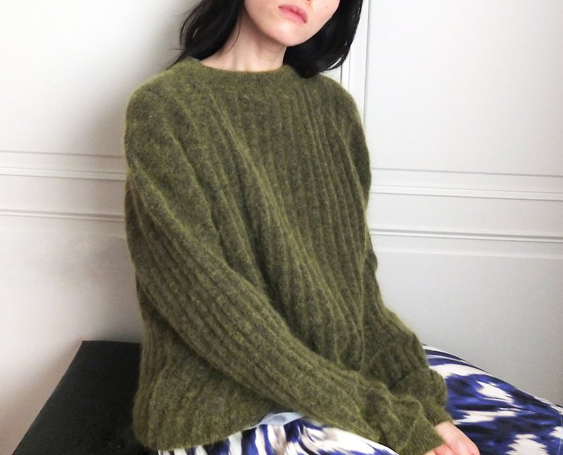 橄欖綠羅紋手工編織毛衣(另有其他編織樣式/顏色選擇) - 毛衣/針織衫 - 棉．麻 綠色