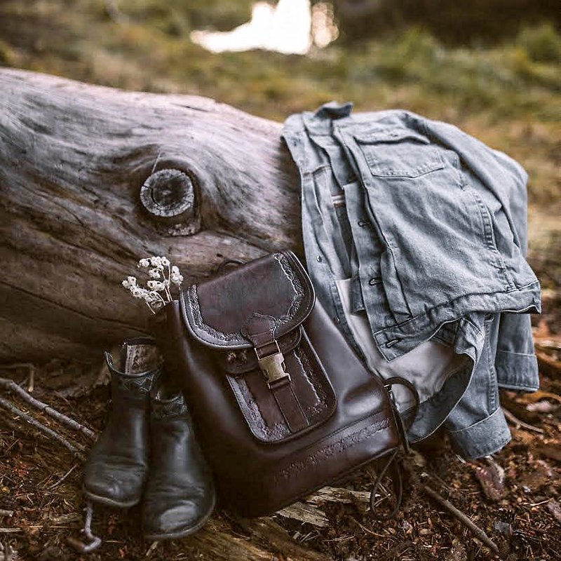 Mya embossed cowhide backpack Brown - กระเป๋าเป้สะพายหลัง - หนังแท้ สีนำ้ตาล