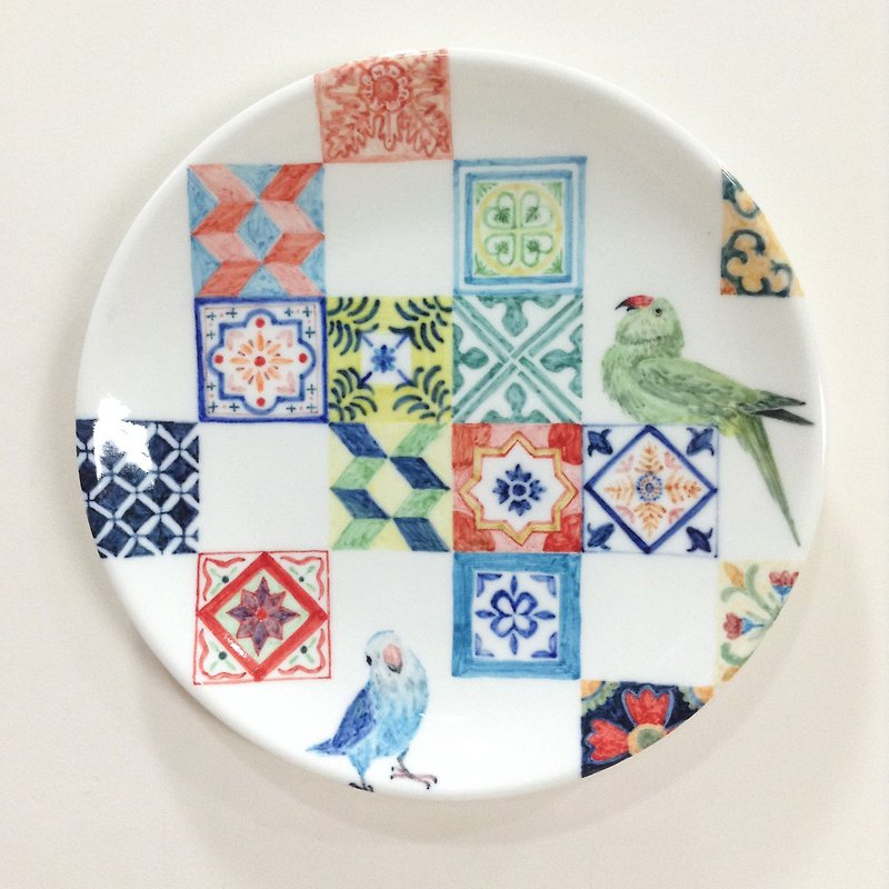 タイル パズルとオウム - 手描きのオウム 6 インチのケーキ型 - 小皿 - 磁器 多色