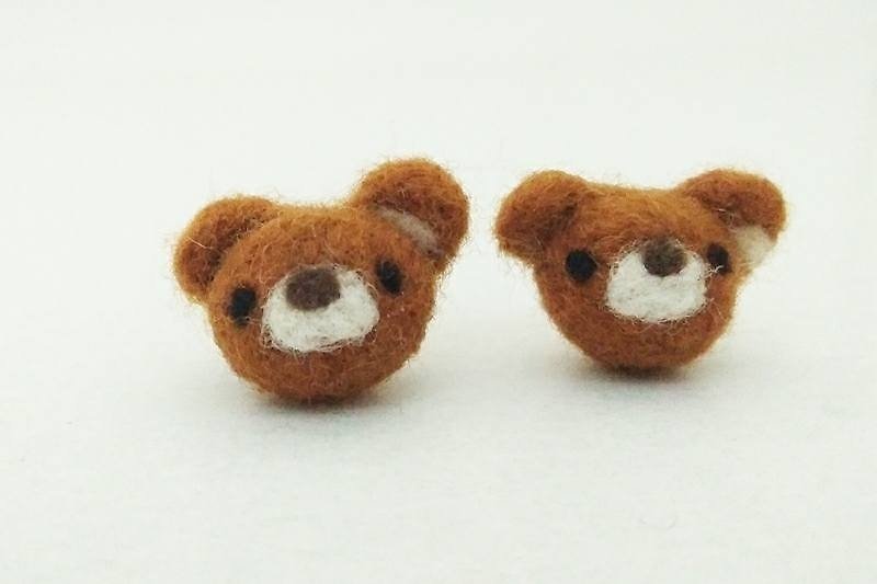 Miniyue wool felt mini ear needles brown bear Taiwan made all handmade - ต่างหู - ขนแกะ สีนำ้ตาล