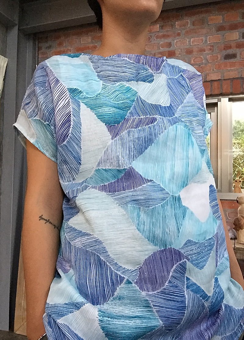 自然な手作りの服ダブル綿着物手描き青、波ロングブラウスドレスの日本の輸入 - トップス - コットン・麻 ブルー