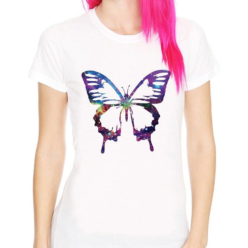 Cosmic Butterfly Girls Short Sleeve T-Shirt-White Butterfly Milky Way Insect Natural Animal Environmental Protection Art Design Fashionable Simple Simple - เสื้อยืดผู้หญิง - วัสดุอื่นๆ ขาว
