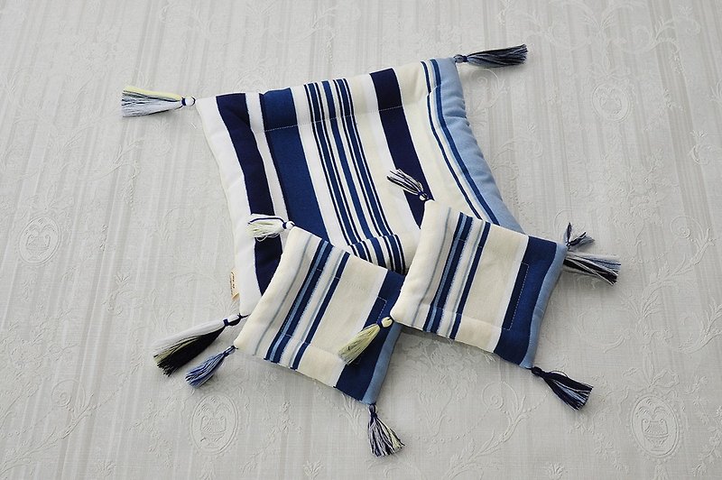 Tassel Pot Mat "blue stripe" - Coasters - Cotton & Hemp Blue
