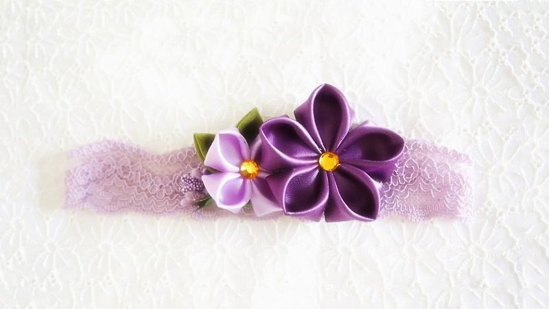 手作紫色絲帶花嬰兒女童頭飾 - 圍兜/口水巾 - 其他材質 紫色