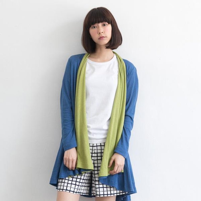 【許許兒】竹節紗有機棉垂墜感撞色外套-藍 - 女大衣/外套 - 其他材質 藍色