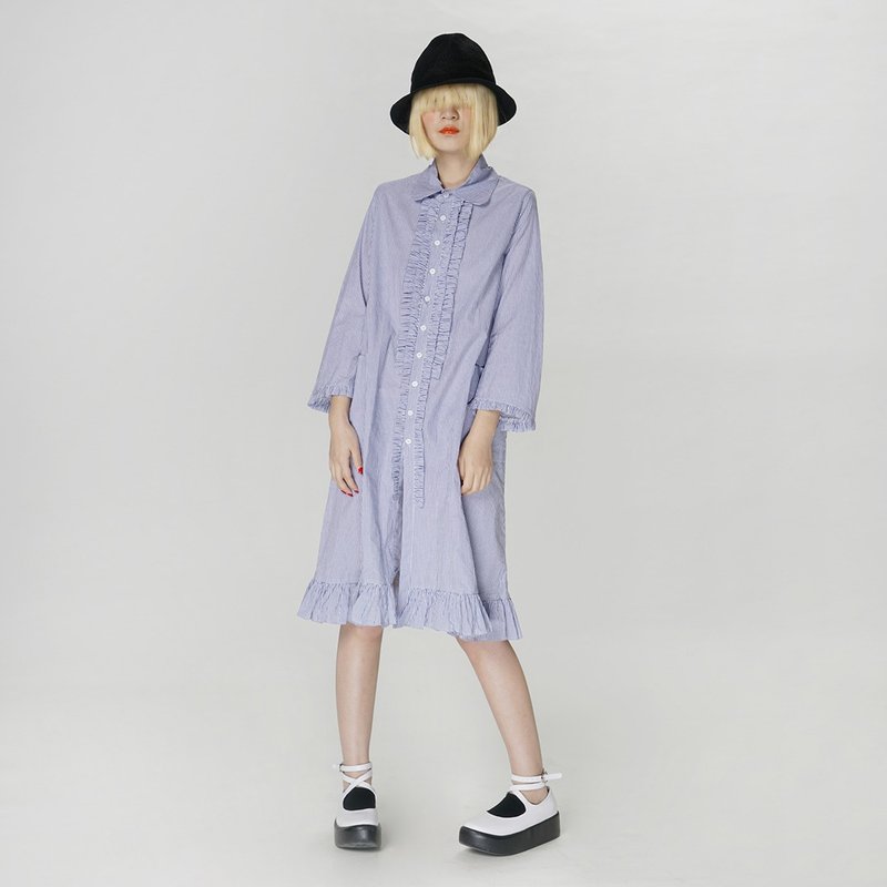 Small blue and white lace pattern Shirt Dress - imakokoni - ชุดเดรส - ผ้าฝ้าย/ผ้าลินิน สีน้ำเงิน