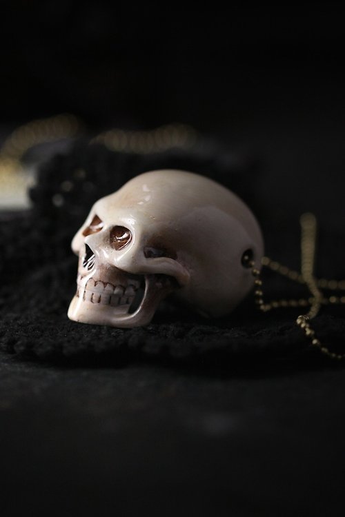 defy Big Human Skull Long Back Head Charm Necklace - Painted Version.