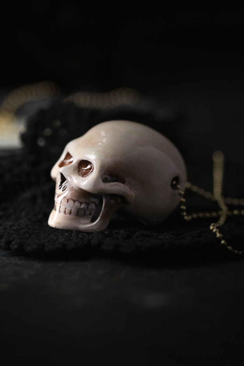 Big Human Skull Long Back Head Charm Necklace - Painted Version. - Necklaces - Other Metals 
