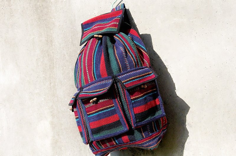 Hand woven cotton backpack after - red and blue green line - Backpacks - Cotton & Hemp Red