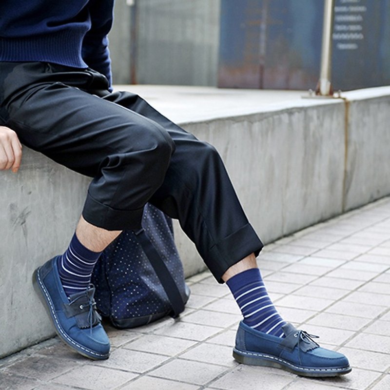 有機棉襪 - 條紋系列 Cassava 深藍灰條紋 中長襪 (男/女) - 襪子 - 棉．麻 藍色