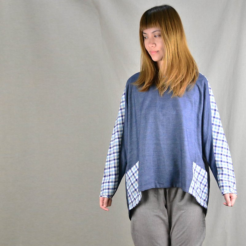 Scarecrow Long Sleeve Top-Denim Blue/Checkered Blue-Fair Trade - เสื้อผู้หญิง - ผ้าฝ้าย/ผ้าลินิน สีน้ำเงิน
