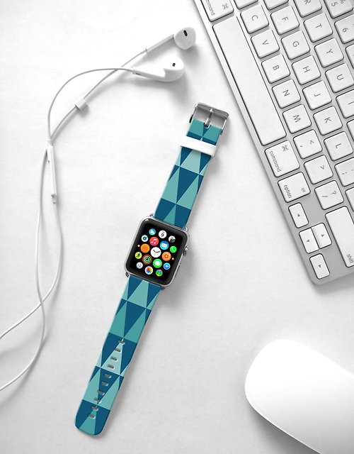 Freshion Apple Watch 真皮手錶帶, 香港原創設計師品牌 - 湖水藍幾何圖案