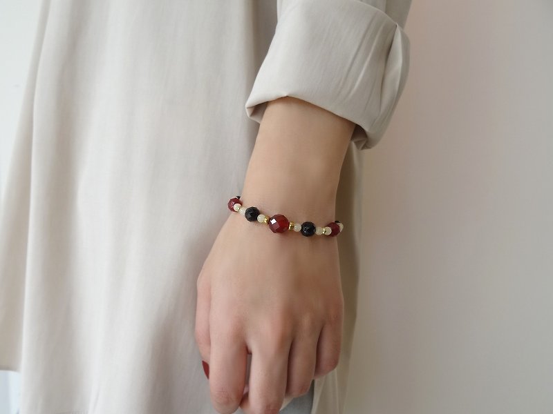 Red Agate, Black Onyx, Yellow Jade Beaded Brass Bracelet (A) - Bracelets - Semi-Precious Stones Red