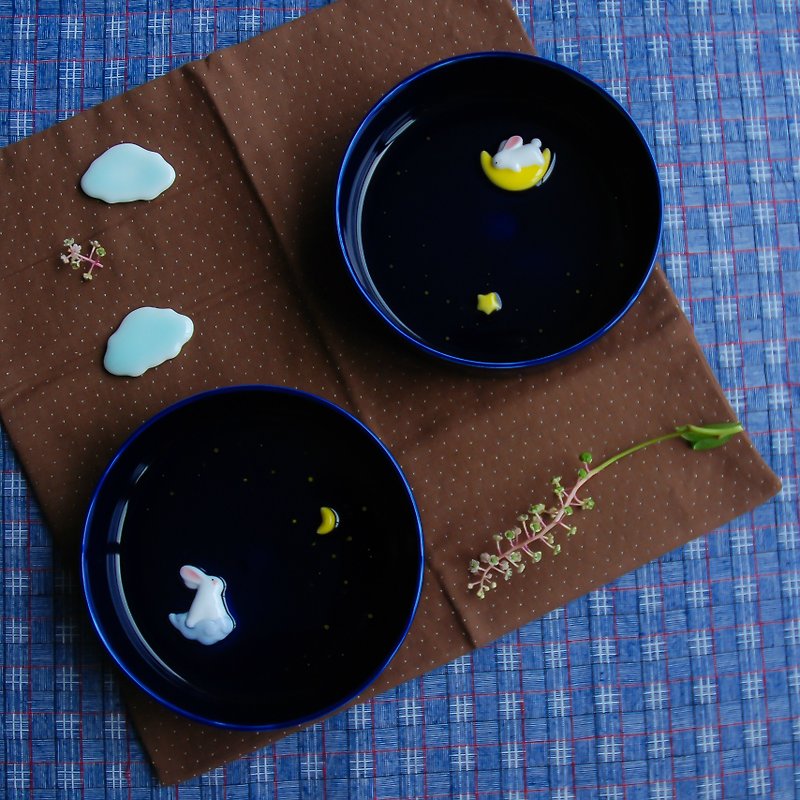 Three shallow Pottery original design rabbit with the moon (cloud rabbit and rabbit one pair) small plate and dessert dish creativity gift - จานเล็ก - เครื่องลายคราม 