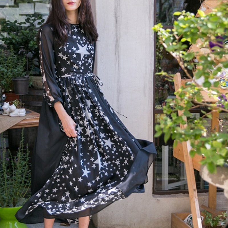 Mark star big bang starry sky chiffon long-sleeved dress - One Piece Dresses - Other Materials Black