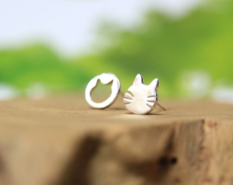Sterling Silver  Stud Earrings / Cat & Meow / Asymmetric - Earrings & Clip-ons - Sterling Silver Silver