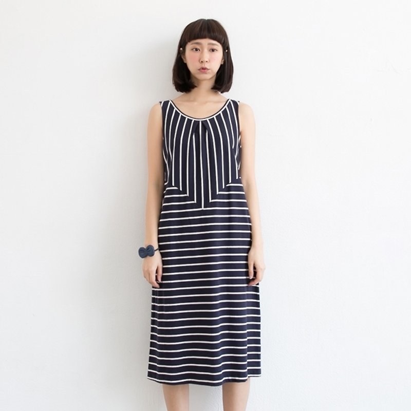 Organic cotton stripe on both sides wear sleeveless dress - One Piece Dresses - Other Materials Blue