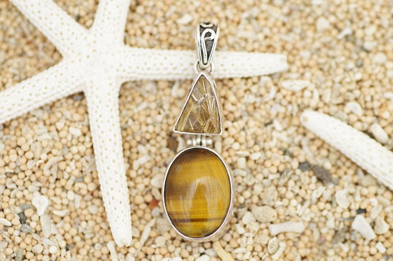 Rutile quartz and tiger eye pendant top - สร้อยคอ - เครื่องเพชรพลอย สีทอง