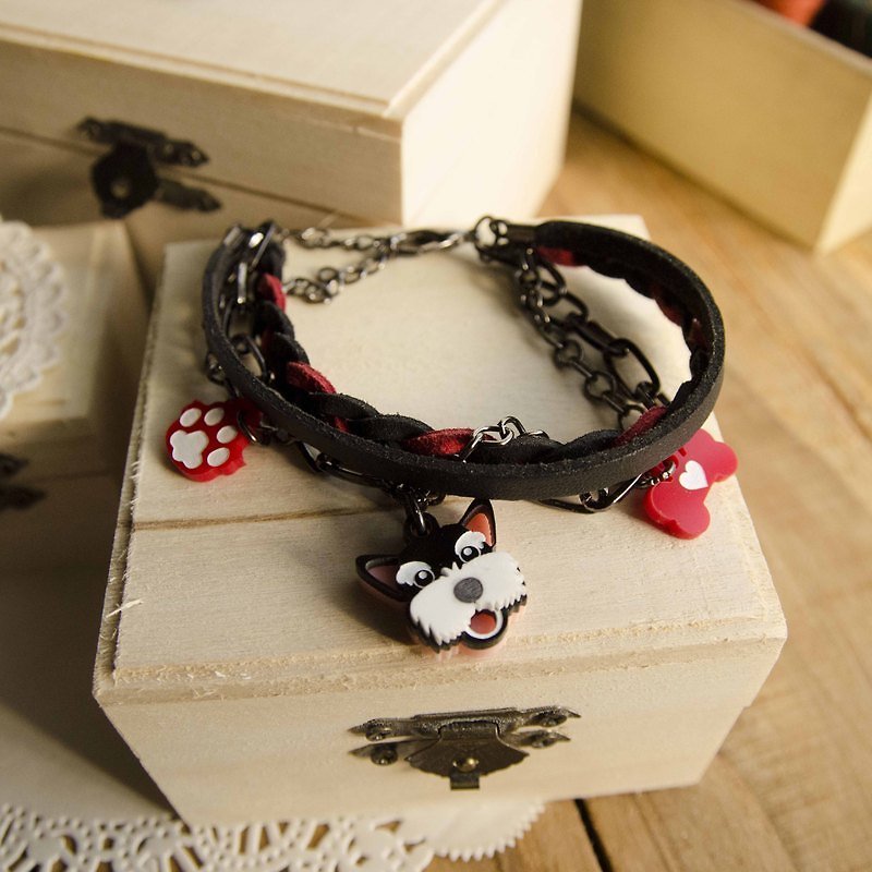 ❅ child Schnauzer ❅ black and red hair braided rope bracelet with multi-level - สร้อยข้อมือ - อะคริลิค สีแดง