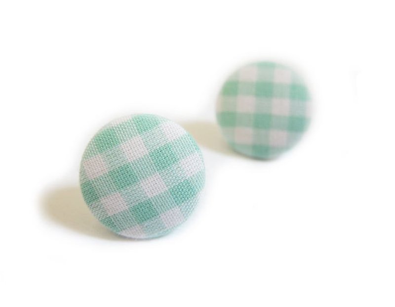 Cloth buckle earrings mint green lattice can be used as clip earrings - ต่างหู - วัสดุอื่นๆ 