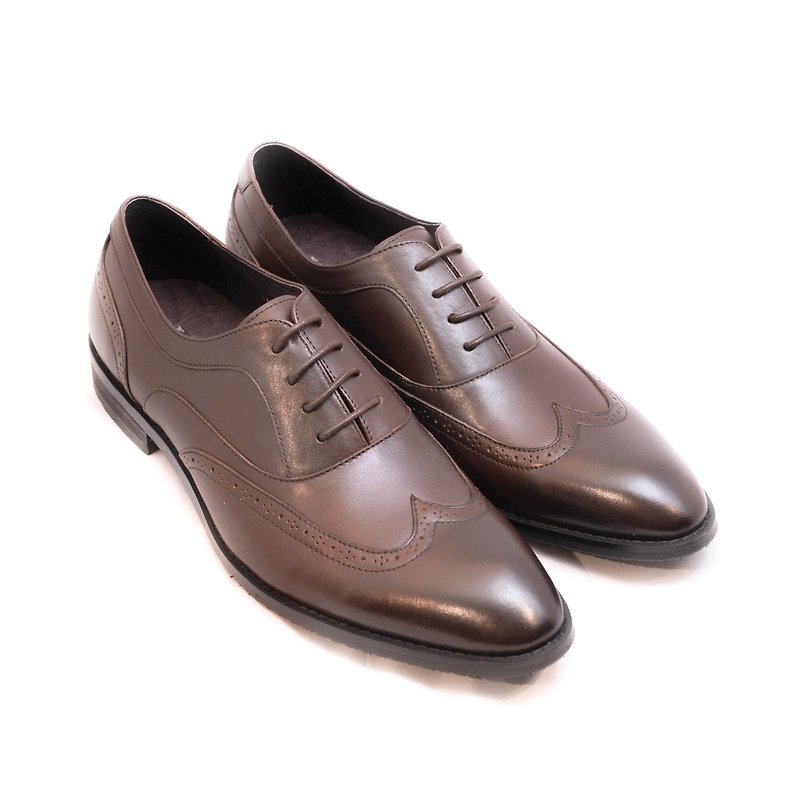 Hand-painted Calfskin Leather Wood Heel Wing Pattern Carved Oxford Shoes-Brown-D1A28-89 - รองเท้าหนังผู้ชาย - หนังแท้ สีนำ้ตาล