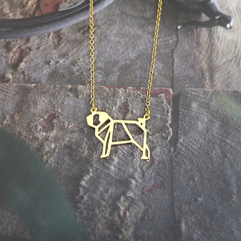 Pug Necklace Gift for Dog Lover, Origami Jewelry, Gold Plated Brass - Necklaces - Copper & Brass Gold