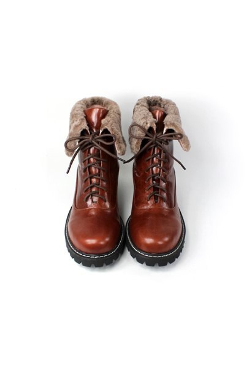真皮羊毛反折綁帶短靴 - Women's Casual Shoes - Genuine Leather Brown