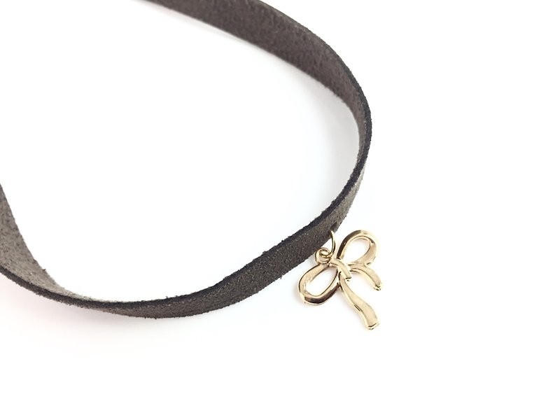 "Gold Bowknot-Wide Brown Suede Necklace" - Necklaces - Genuine Leather Brown